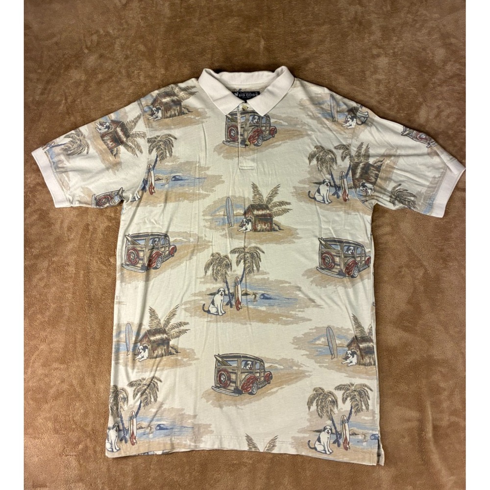 VTG Big Dogs Mens Polo XL Fun & Attitude 90s Big Dog Beach Graphic Print White